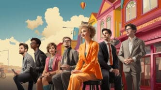 An illustrated group of diverse young professionals in business attire, some seated, smiling and looking forward, set against a colorful, stylized backdrop of a quaint European town under a blue sky with a hot air balloon.