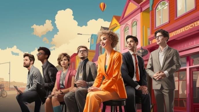 An illustrated group of diverse young professionals in business attire, some seated, smiling and looking forward, set against a colorful, stylized backdrop of a quaint European town under a blue sky with a hot air balloon.