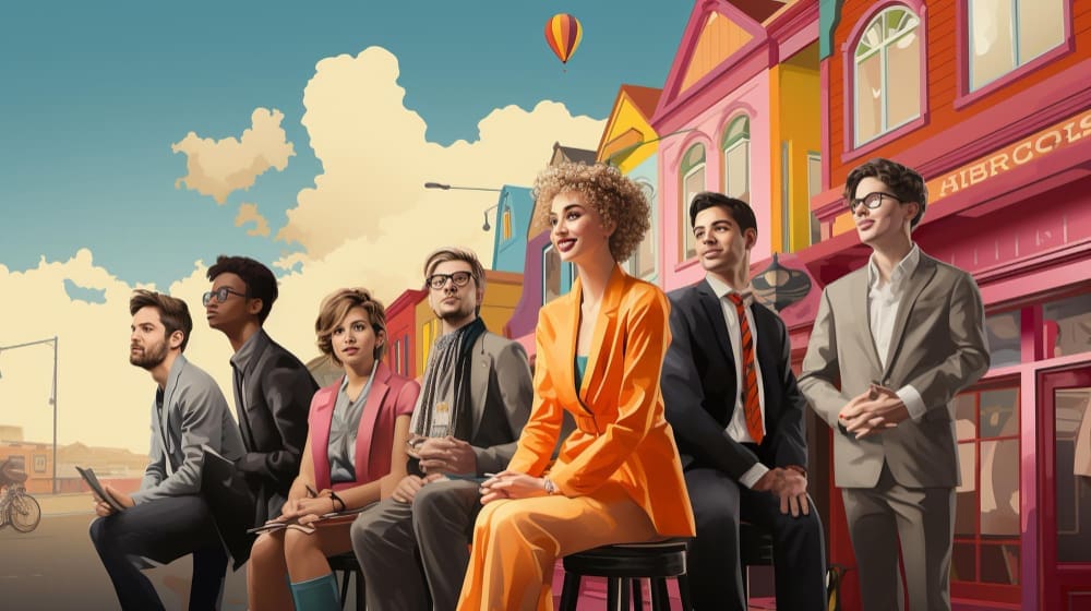 An illustrated group of diverse young professionals in business attire, some seated, smiling and looking forward, set against a colorful, stylized backdrop of a quaint European town under a blue sky with a hot air balloon.