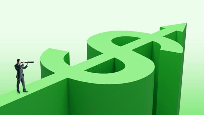 A conceptual 3D rendering showing a businessman looking through a telescope while standing on a large, green dollar sign that is also an upward-pointing arrow, symbolizing financial growth and foresight.