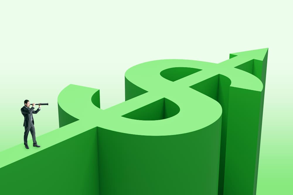 A conceptual 3D rendering showing a businessman looking through a telescope while standing on a large, green dollar sign that is also an upward-pointing arrow, symbolizing financial growth and foresight.