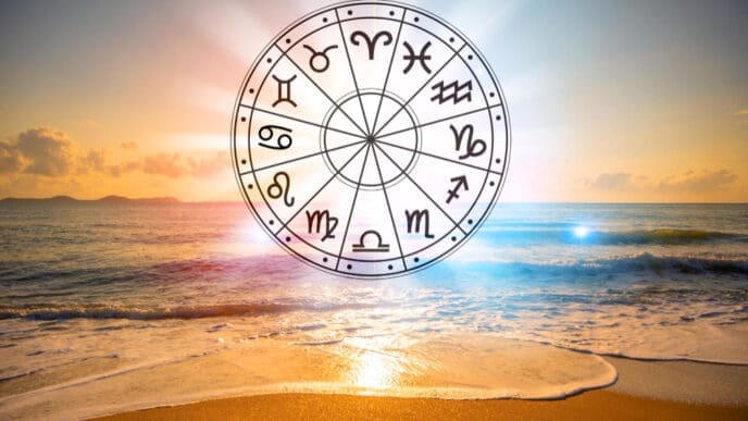 An astrological zodiac wheel, glowing in black and white, is superimposed over a serene beach scene at sunrise or sunset, with waves gently lapping the shore.