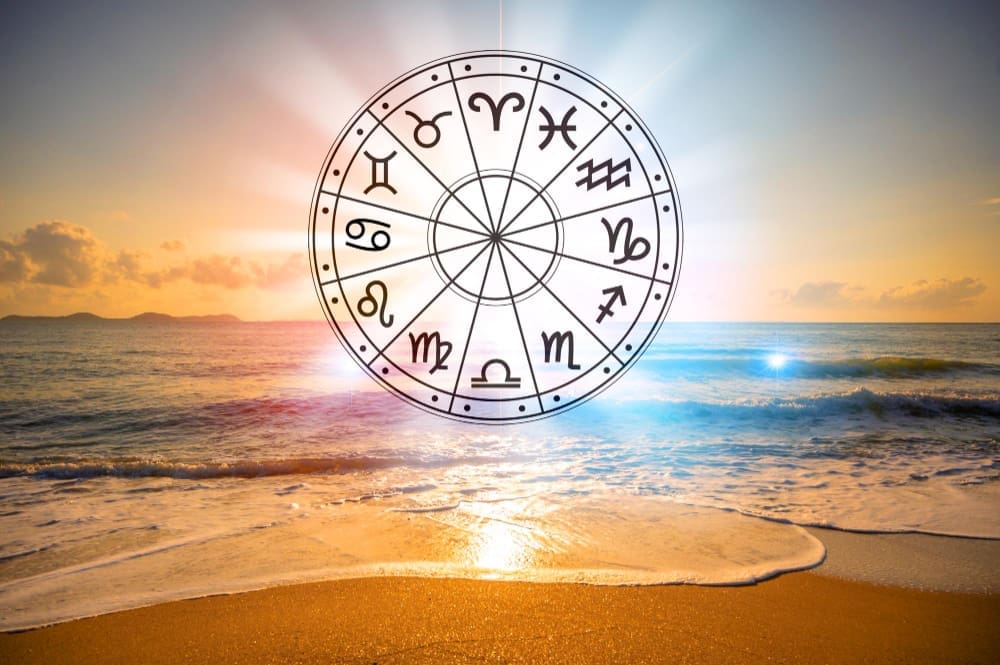An astrological zodiac wheel, glowing in black and white, is superimposed over a serene beach scene at sunrise or sunset, with waves gently lapping the shore.