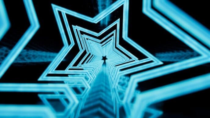 A tunnel of glowing star patterns stretches across a black background.