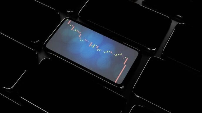 3D rendering of a mobile phone screen displaying an abstract background with a stock market graph and a MACD indicator.