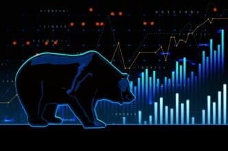 Abstract, 3D-rendered chart depicting a bearish trend in the stock market, set against a blurry textured background.