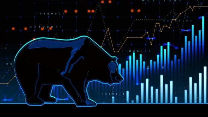 Abstract, 3D-rendered chart depicting a bearish trend in the stock market, set against a blurry textured background.