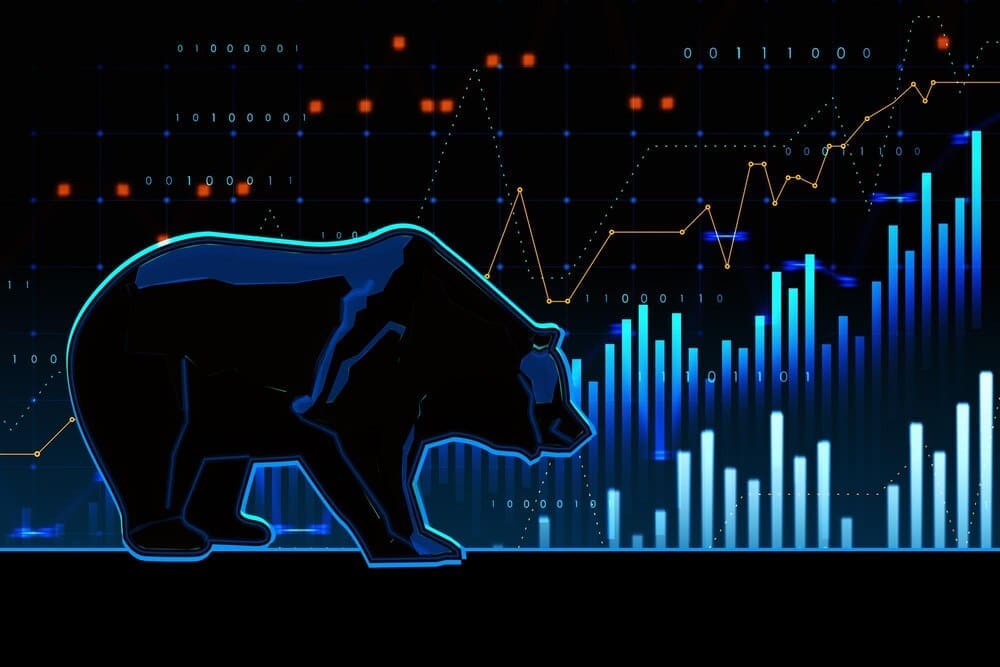 Abstract, 3D-rendered chart depicting a bearish trend in the stock market, set against a blurry textured background.