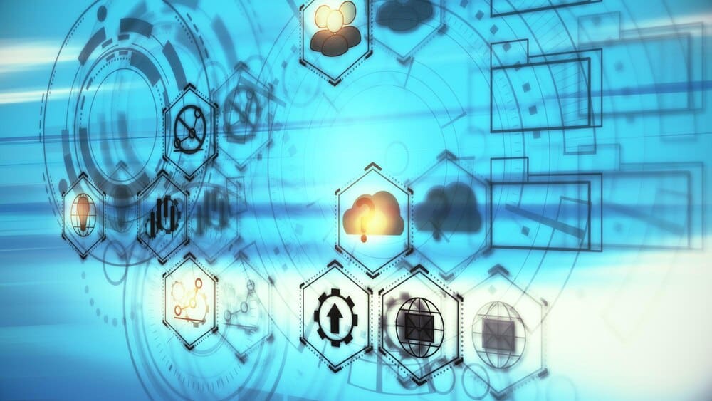 A blue-toned double exposure depicts a business chart hologram overlaid on a touchscreen interface.