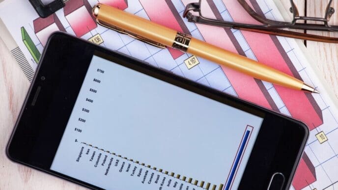 A collection of office supplies, including a laptop, notebook, and pen, are arranged on a table.
