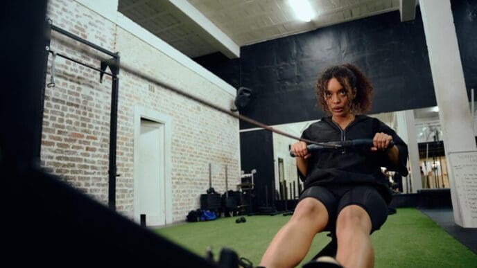 An African American woman uses a rowing machine during a CrossFit workout.