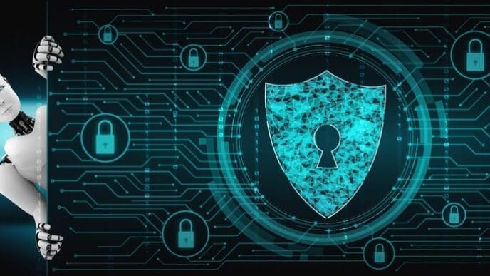 An AI robot uses a digital interface to protect information privacy.