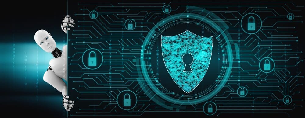 An AI robot uses a digital interface to protect information privacy.