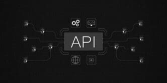 3D rendering of a digital design depicting an API connection with nodes and symbols.