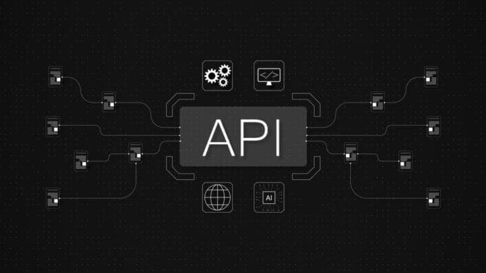 3D rendering of a digital design depicting an API connection with nodes and symbols.