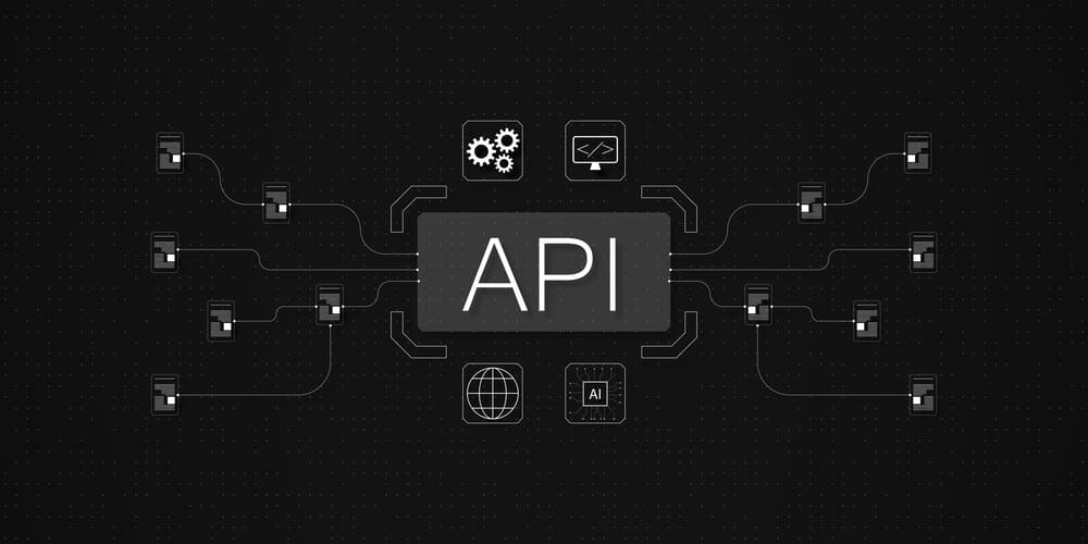 3D rendering of a digital design depicting an API connection with nodes and symbols.