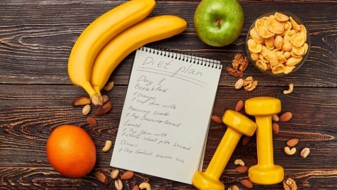 A still life shows an apple, an orange, and two dumbbells, symbolizing a healthy lifestyle.