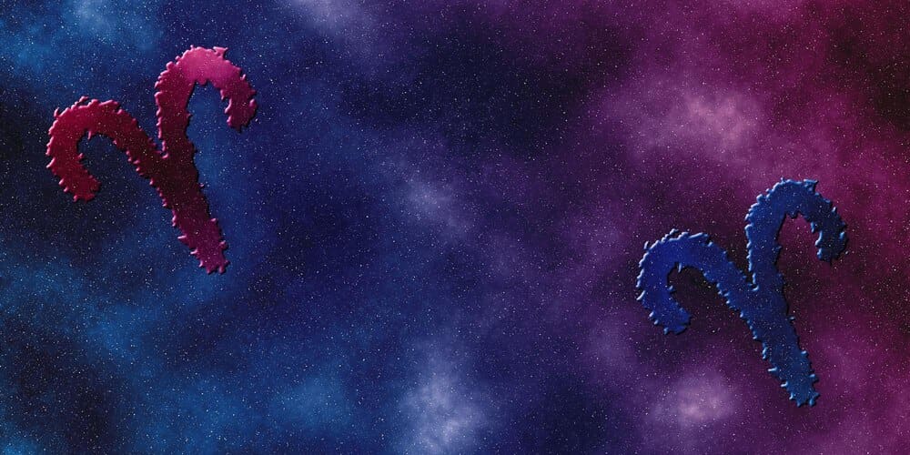 Two Aries zodiac symbols, a ram's head, are displayed, representing the astrological compatibility between two Aries signs.