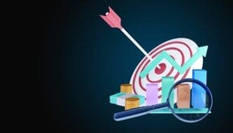 A 3D illustration depicts an arrow hitting the center of a target, representing business target achievement.