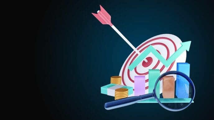 A 3D illustration depicts an arrow hitting the center of a target, representing business target achievement.