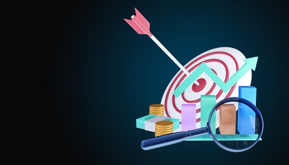 A 3D illustration depicts an arrow hitting the center of a target, representing business target achievement.