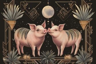 Art Deco illustration of two pigs with geometric patterns and a crescent moon.