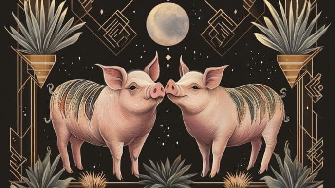 Art Deco illustration of two pigs with geometric patterns and a crescent moon.