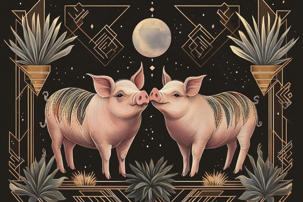 Art Deco illustration of two pigs with geometric patterns and a crescent moon.