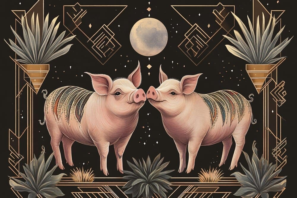 Art Deco illustration of two pigs with geometric patterns and a crescent moon.