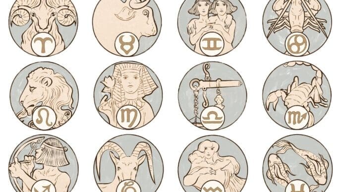 A digital illustration features the twelve zodiac signs in the Art Nouveau style, inspired by Alphonse Mucha's artwork.