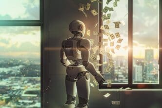 An illustration depicts an AI character standing next to an open window with money blowing towards it.