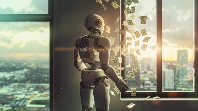An illustration depicts an AI character standing next to an open window with money blowing towards it.