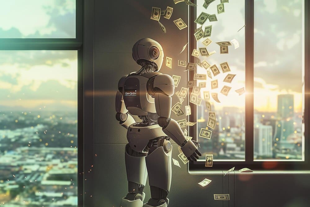 An illustration depicts an AI character standing next to an open window with money blowing towards it.