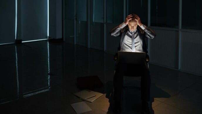 A businessman with his head in his hands appears dejected after a negotiation.