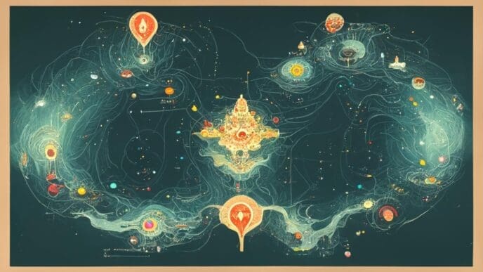 Illustration of a map showing seven levels of the Astral Planes, a fantasy setting.