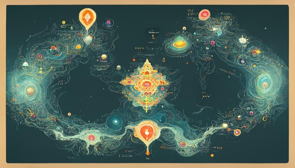 Illustration of a map depicting seven levels of astral planes with stylized imagery.