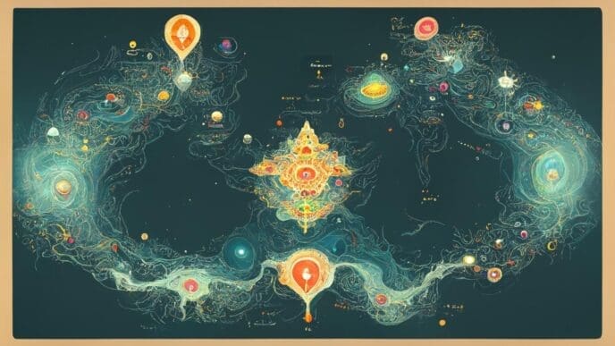 Illustration of a map depicting seven distinct levels of the Astral Planes, each with unique visual characteristics.