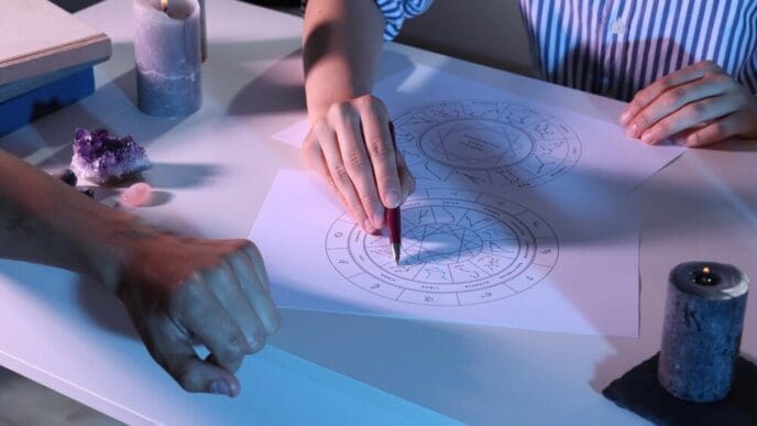 An astrologer shows a client their natal chart at a table, with a close-up view of the interaction.