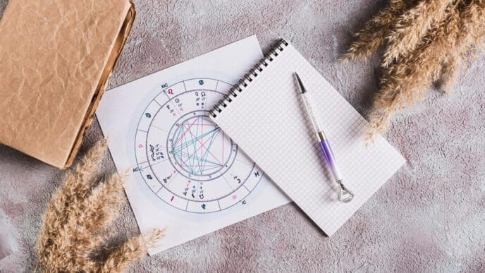 Top-down view of a sheet of notebook paper with an astrological natal chart and a pen, used for predicting fate.