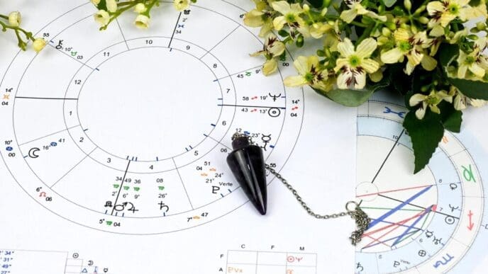 A detailed astrological birth chart with planetary placements and aspects is overlaid with the text "Love affair astrology blueprint" and "Esoteric life mapping blueprint when marry."