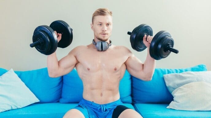 A person exercises at home with dumbbells.