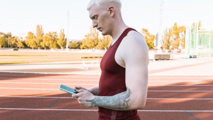 A male athlete on a running track looks down at his smartphone.