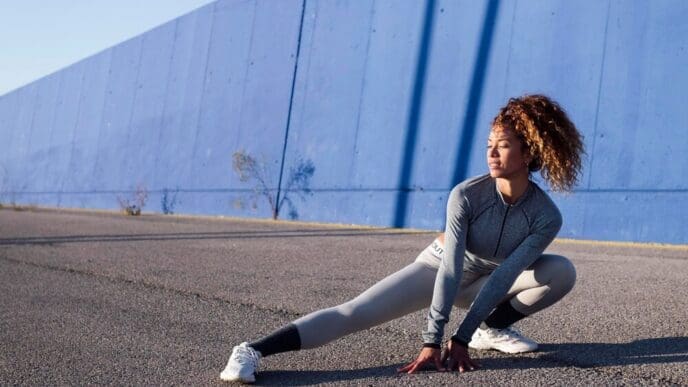 Athlete in athletic wear performing a side squat during a workout.