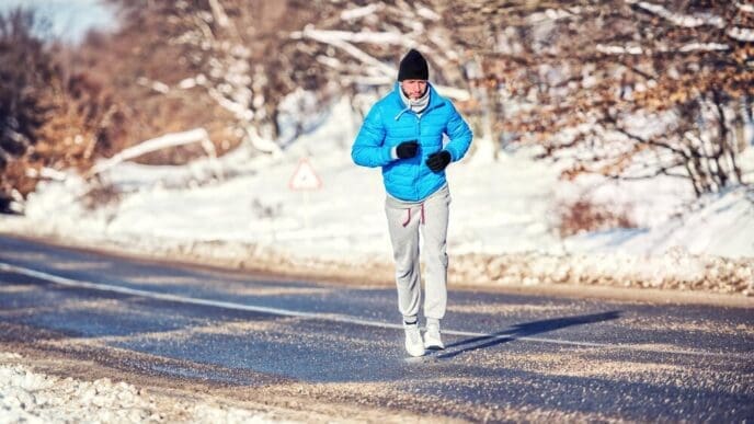 An athletic man jogs and trains outdoors in a park with snow on a cold day.