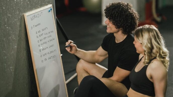 An attractive woman and her personal trainer discuss an exercise plan in a gym setting.