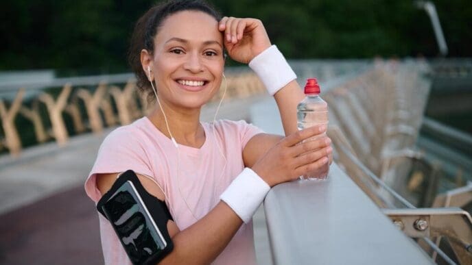 A smiling young sportswoman with a smartphone on her arm rests on a city bridge after a morning run, looking at the camera.