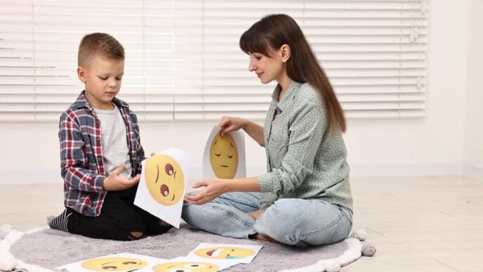 A young boy with autism selects an emoticon with a psychologist in a mental health center.