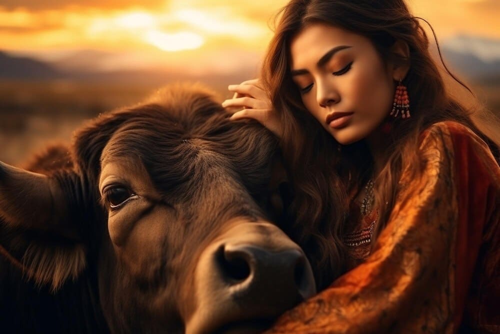 An Asian woman in traditional clothing hugs a bull buffalo cow in a forest at sunset.