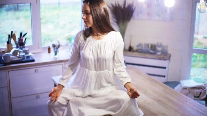A young woman in athletic wear sits in the lotus position, meditating indoors.