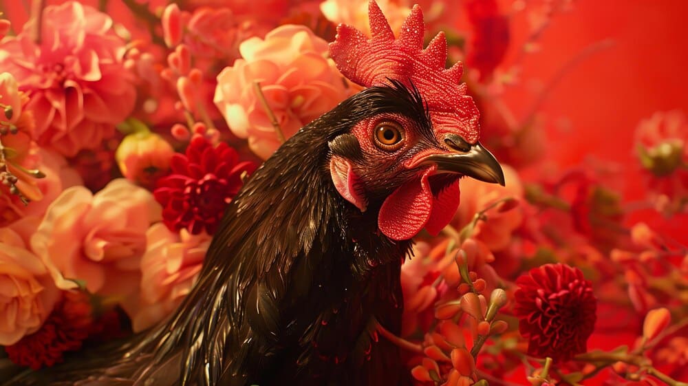 A black rooster with a red comb and wattles stands in a field of red and pink flowers.